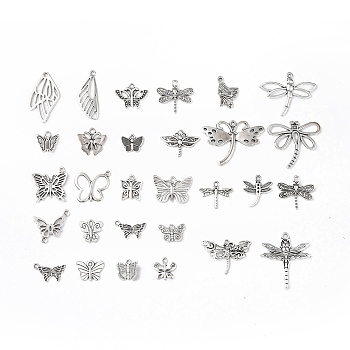Tibetan Style Alloy Pendants, Butterfly & Dragonfly Charms, Antique Silver, 10~31.5x13~28.5x1~3mm, Hole: 1.2~2mm, 52pcs/set