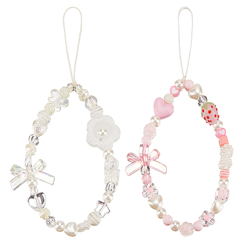 2Pcs 2 Style Resin Beaded Mobile Phone Lanyard Wrist Strap, Cute Phone Charm Bowknot Phone Anti-Lost Chain for Women Girls, Mixed Color, 19.3~21.5cm, 1pc/style