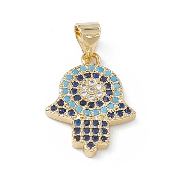 Rack Plating Brass Micro Pave Cubic Zirconia Pendants, Cadmium Free & Lead Free, Long-Lasting Plated, Hamsa Hand Charm, Real 18K Gold Plated, 19x14x2.5mm, Hole: 4x5.5mm