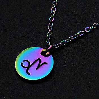 201 Stainless Steel Pendants Necklaces, with Cable Chains and Lobster Claw Clasps, Flat Round with Constellation/Zodiac Sign, Rainbow Color, Capricorn, 15-3/4 inch(40cm), 1.5mm