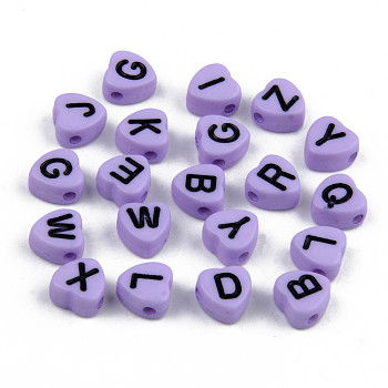 Opaque Acrylic Enamel Beads, Horizontal Hole, Heart with Mixed Black Letters, Lilac, 7x7x4mm, Hole: 1.5mm, about 3600pcs/500g