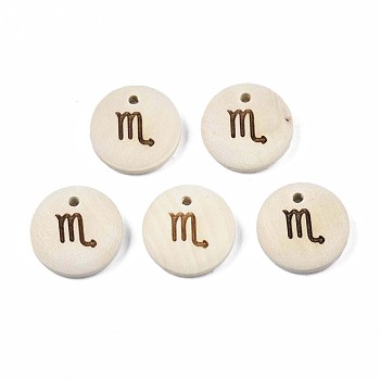 Laser Out Wood Pendants, Flat Round with 12 Constellations, Undyed, Scorpio, 15x4mm, Hole: 1.6mm