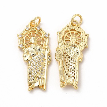 Rack Plating Brass Micro Pave Cubic Zirconia Pendants, with Jump Ring, Long-Lasting Plated, Cadmium Free & Lead Free, Religion Saint Jude Charm, Real 18K Gold Plated, 29.5x14x3.2mm, Hole: 3.6mm