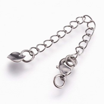 Eco-Friendly Brass Chain Extender, with Lobster Claw Clasps, Cadmium Free & Nickel Free & Lead Free, Long-Lasting Plated, Flat Round, Gunmetal, 68~73x3mm, Hole: 2.5mm, Clasps: 10x6x3mm