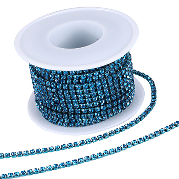 1 Roll Electrophoresis Iron Rhinestone Strass Chains, Rhinestone Cup Chains, with Spool, Light Sapphire, SS8.5, 2.4~2.5mm, about 10 Yards/roll
