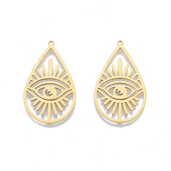 201 Stainless Steel Pendants, Teardrop with Eye, Real 18K Gold Plated, 34.5x21x1mm, Hole: 1.4mm