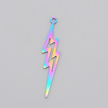 Ion Plating(IP) 201 Stainless Steel Pendants, Laser Cut, Lightning, Rainbow Color, 38x8.5x1mm, Hole: 1.6mm