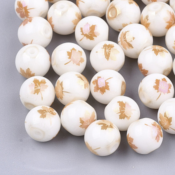 Autumn Theme Electroplate Glass Beads, Round with Maple Leaf Pattern, Sandy Brown, 8~8.5mm, Hole: 1.5mm
