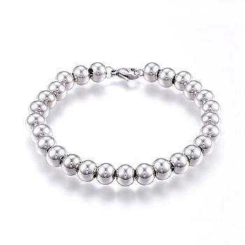201 Stainless Steel Ball Chain Bracelets, with Lobster Claw Clasps, Stainless Steel Color, 7-5/8 inch(195mm)x8mm