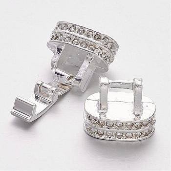 Alloy Crystal Rhinestone Fold Over Clasps, Silver Color Plated, 25x14x8mm, Hole: 10x5mm