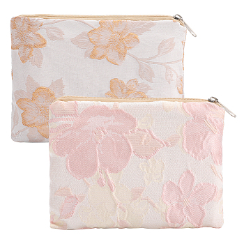 2Pcs 2 Colors Chinese Style Rectangle Cloth Zipper Pouches, with Flower Pattern, Mixed Color, 10.15x12.4x1.1cm, 1pc/color