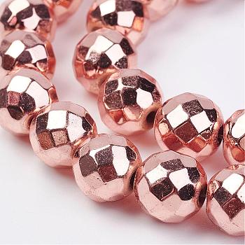 Non-magnetic Synthetic Hematite Bead Strands, Faceted, Round, Rose Gold Plated, 10mm, Hole: 1.5mm, about 43pcs/strand, 15.7 inch
