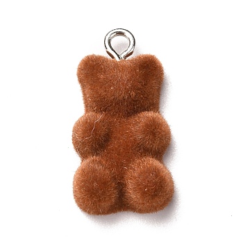 Flocky Resin Pendants, with Iron Finding, Bear, Saddle Brown, 22x11x7mm, Hole: 2mm