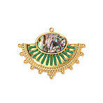 304 Stainless Steel & Natural Shell Pendants, Fan Charm, with Enamel, Ion Plating(IP), Long-Lasting Plated, Real 18K Gold Plated, Colorful, 42x34mm(STAS-OY013-93G)