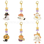 6Pcs Alloy Enamel Pendant Decorations, with Acrylic Bead & Alloy Lobster Claw Clasps, Mixed Shapes, Golden, Mixed Color, 55~65mm(HJEW-FS00059)