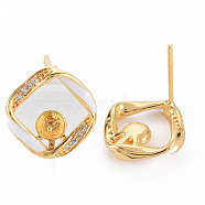 Brass Micro Pave Clear Cubic Zirconia Stud Earring Findings, for Half Drilled Bead, Nickel Free, with Enamel, Real 18K Gold Plated, Rhombus, White, 13x13mm, Pin: 0.7mm, Pin: 0.8mm(for half drilled beads)(KK-N233-129-NF)