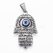 304 Stainless Steel Pendants, with Enamel and Resin, Hamsa Hand/Hand of Fatima/Hand of Mirian with Eye, Stainless Steel Color, 31x19x6mm, Hole: 4x7mm(STAS-G155-21P)