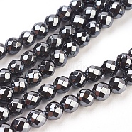 Non-Magnetic Synthetic Hematite Beads Strands, Faceted, Round, Black, about 6mm in diameter, hole:1mm, 69pcs/strand, 16 inch(HEMA-6D)