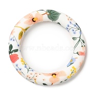 Food Grade Eco-Friendly Silicone Pendants, Ring with Flower Pattern, White, 65x10mm, Hole: 4mm(SIL-M001-01H)