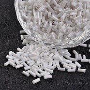 Tube Opaque Colours Rainbow Plated Round Hole Glass Bugle Beads, White, 3~5x1.8~2mm, Hole: 0.8mm, about 12000pcs/450g(SEED-I001-401)