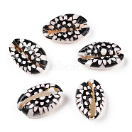 Flower Printed Cowrie Shell Beads, No Hole/Undrilled, Black, 18.5~22x13~14.5x6~7.5mm(SSHEL-ZX006-08B)