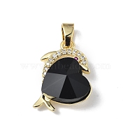 Real 18K Gold Plated Rack Plating Brass Micro Pave Clear Cubic Zirconia Pendants, with Glass, Long-Lasting Plated, Cadmium Free & Lead Free, Dolphin with Heart Charm, Black, 20.5x17x8mm, Hole: 5.5x3.5mm(KK-C015-22G-16)
