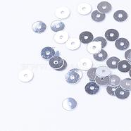 Ornament Accessories Plastic Paillette Beads, Sequins Beads, Disc, Silver, 6x0.2mm, Hole: 1mm, about 30000pcs/500g(PVC-R014-6mm-01)