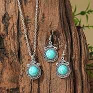 Bohemian Ethnic Style Zinc Alloy & Synthetic Turquoise Pendant Necklaces & Dangle Earrings Sets, Antique Silver, Flat Round, 390mm(WG7E01E-04)