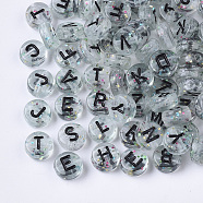 Transparent Acrylic Beads, Horizontal Hole, with Glitter Powder, Mixed Letters, Flat Round, Clear, Mixed, 7x4mm, Hole: 1.5mm(X-TACR-Q101-03)