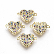 Brass Micro Pave Cubic Zirconia Links connectors, Heart, Colorful, Golden, 12x17.5x5mm, Hole: 1mm(ZIRC-T005-041G)