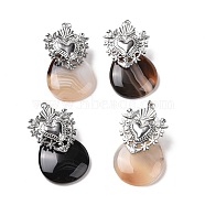 Natural Agate Pendants, Teardrop Charm, with Platinum Tone 304 Stainless Steel Heart Findings, 44mm, Teardrop: 30x25x5mm, Hole: 3.5mm(G-H279-02P)