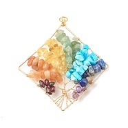 Chakra Natural & Synthetic Gemstone Copper Wire Wrapped Big Pendants, Natural Garnet & Citrine & Amethyst & Red Aventurine & Green Aventurine & Lapis Lazuli, Synthetic Turquoise, Rhombus, Light Gold, 75x68x12mm, Jump Ring: 7x0.7mm, Inner Diameter: 5.6mm.(PALLOY-JF01613)