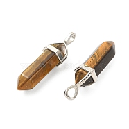 2Pcs Natural Tiger Eye Double Terminated Pointed Pendants, Faceted Bullet Charms, with Random Alloy Pendant Hexagon Bead Cap Bails, Platinum, 37~40x12mm, Hole: 3x4mm(G-YW0002-05A)
