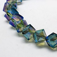 Full Rainbow Plated Crystal Glass Cube Beads Strands, Faceted, Dark Green, 12.6x13.8x10~11mm, Hole: 1.8mm(EGLA-F023-B07)