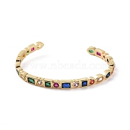 Cubic Zirconia Heart & Rectangle Open Cuff Bangle, Golden Brass Jewelry for Women, Colorful, Inner Diameter: 2-1/4 inch(5.6cm)(BJEW-F445-02G-01)