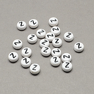 White and Black Acrylic Horizontal Hole Letter Beads, Flat Round with Letter.Z, 7x4mm, Hole: 1.3mm(X-SACR-Q101-01Z)