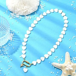 Heart Natural Freshwater Shell Beaded Necklaces with 304 Stainless Steel Screw Carabiner Lock, Golden, Seashell Color, 15.94 inch(40.5cm)(NJEW-JN06202)