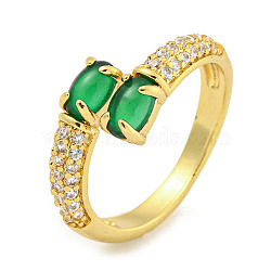 Oval Rack Plating Brass Micro Pave Cubic Zirconia Cuff Rings for Women, Cadmium Free & Lead Free, Long-Lasting Plated, Real 18K Gold Plated, Green, US Size 7 1/4(17.5mm)(RJEW-F162-06G-02)