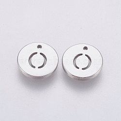 304 Stainless Steel Charms,  Flat Round with Letter, Stainless Steel Color, Letter.O, 10x1mm, Hole: 1mm(STAS-P212-15P-15)
