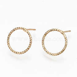 Brass Stud Earrings, Nickel Free, Textured Ring, Real 18K Gold Plated, 12mm, Pin: 0.7mm(X-EJEW-N018-006-NF)