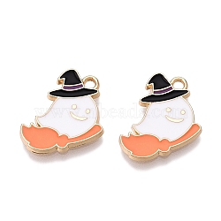 Halloween Theme Rack Plating Alloy Enamel Pendants, Golden, Ghost Charm, White, 17x15x1.5mm, Hole: 1.6mm(ENAM-N056-360)