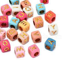Plating Acrylic Beads, Golden Metal Enlaced, Horizontal Hole, Cube with Letter, Mixed Color, 6x6x6mm, Hole: 3.5mm, about 3100pcs/500g(MACR-N012-23)
