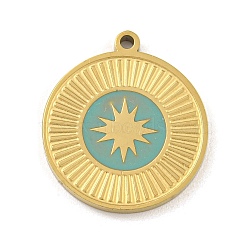 316 Surgical Stainless Steel Enamel Pendants, Flat Round with Star Charm, Golden, Medium Turquoise, 17x15x1.8mm, Hole: 1.2mm(STAS-M073-18A-03G)