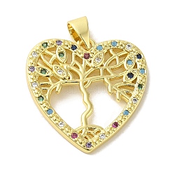 Brass Micro Pave Cubic Zirconia Pendants, Real 18K Gold Plated, Heart with Tree of Life, Colorful, 21.5x21x2mm, Hole: 5x3.5mm(KK-Z042-21G-03)