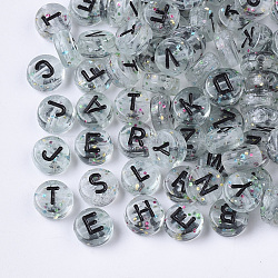 Transparent Acrylic Beads, Horizontal Hole, with Glitter Powder, Mixed Letters, Flat Round, Clear, Mixed, 7x4mm, Hole: 1.5mm(X-TACR-Q101-03)