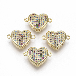 Brass Micro Pave Cubic Zirconia Links connectors, Heart, Colorful, Golden, 12x17.5x5mm, Hole: 1mm(ZIRC-T005-041G)