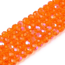 Electroplate Glass Beads Strands, Half Rainbow Plated, Faceted, Rondelle, Orange, 4x3mm, Hole: 0.4mm, about 113~115pcs/strand, 41~41.5cm(EGLA-A044-T4mm-L25)