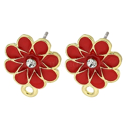 Rack Plating Alloy Stud Earring Finding, with Rhinestone, Cadmium Free & Nickel Free & Lead Free, Flower, Red, 16x12.5mm, Hole: 1.6mm, Pin: 10.5x0.5mm(FIND-C053-07G-01)
