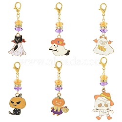 6Pcs Alloy Enamel Pendant Decorations, with Acrylic Bead & Alloy Lobster Claw Clasps, Mixed Shapes, Golden, Mixed Color, 55~65mm(HJEW-FS00059)