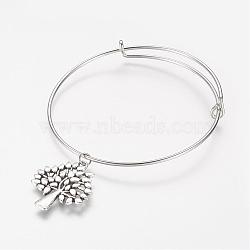Adjustable Iron Charm Bangles, with Tibetan Style Alloy Tree Charms, Mixed Color, 2-1/2 inch(63mm)(BJEW-JB03151-03)